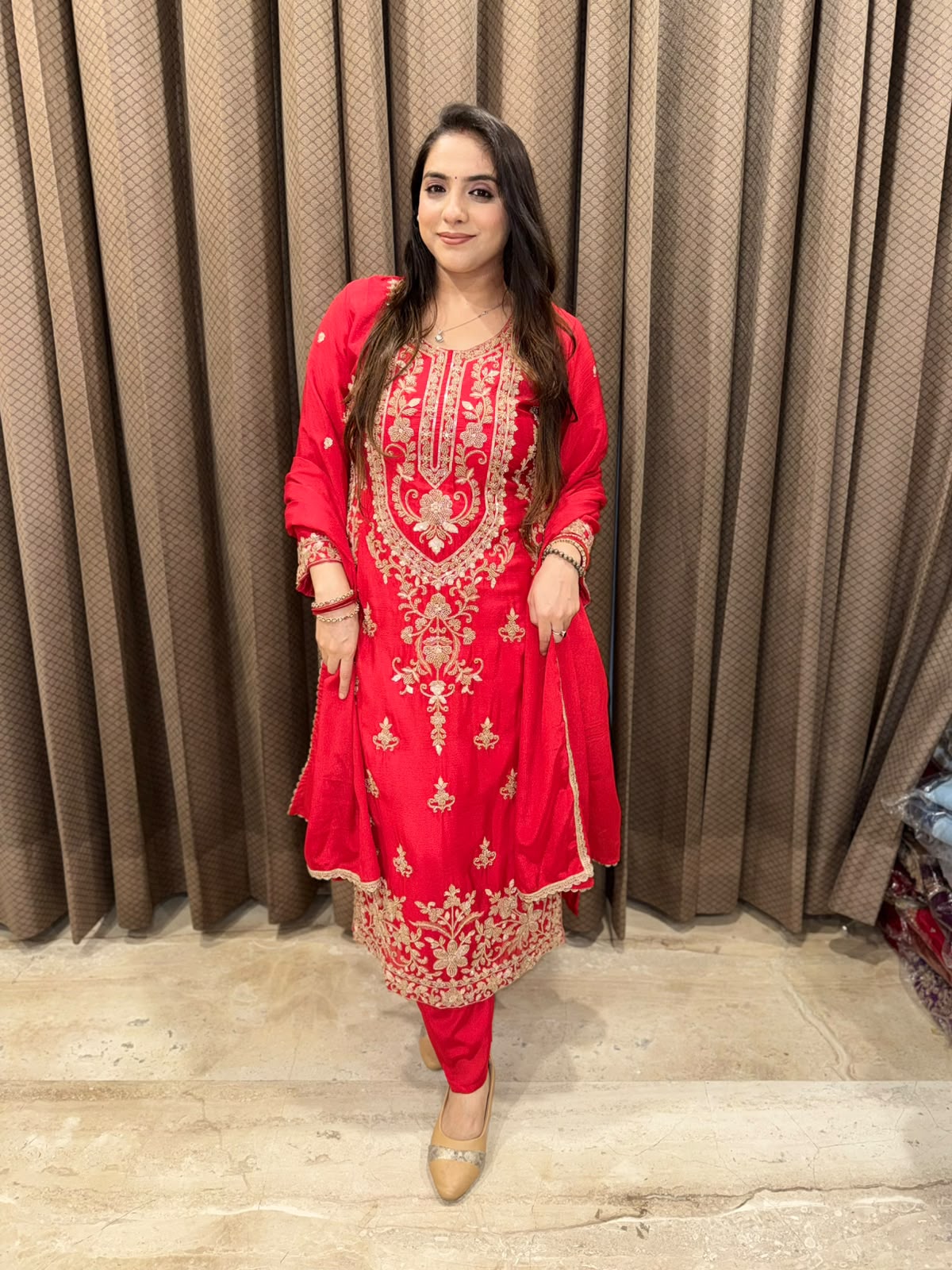 Gorgeous Red straight suit set with dupatta & heavy handwork