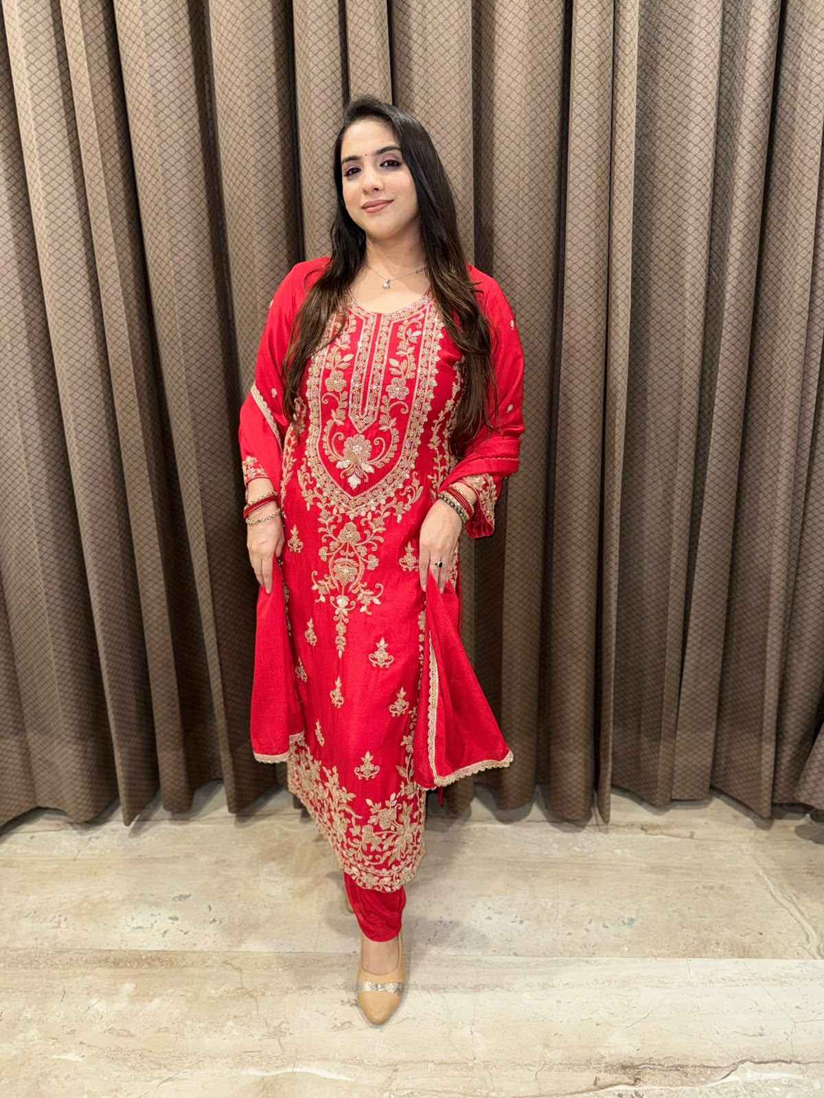 Gorgeous Red straight suit set with dupatta & heavy handwork