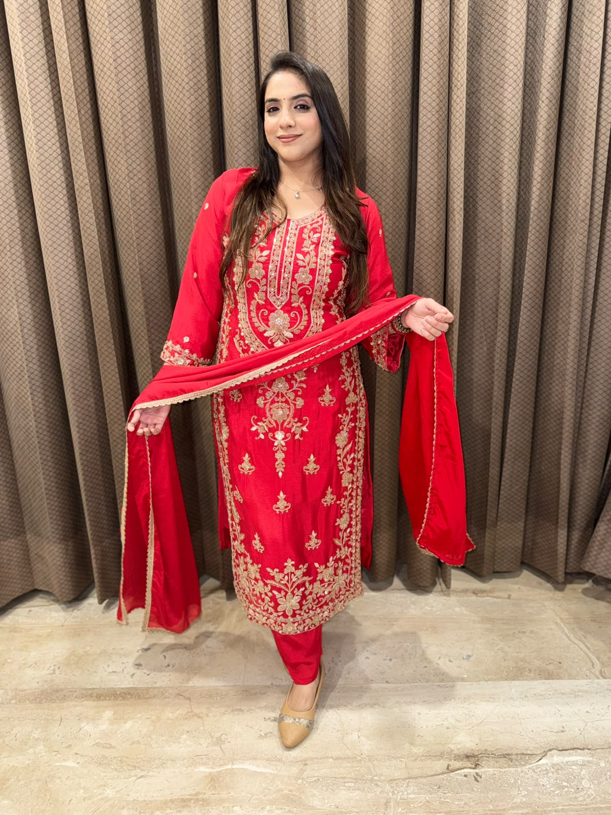 Gorgeous Red straight suit set with dupatta & heavy handwork