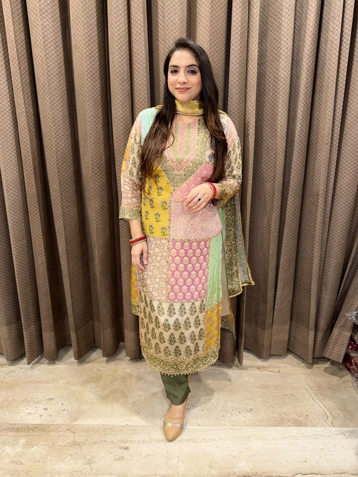 Gorgeous Green multicolour digital suit set with handwork