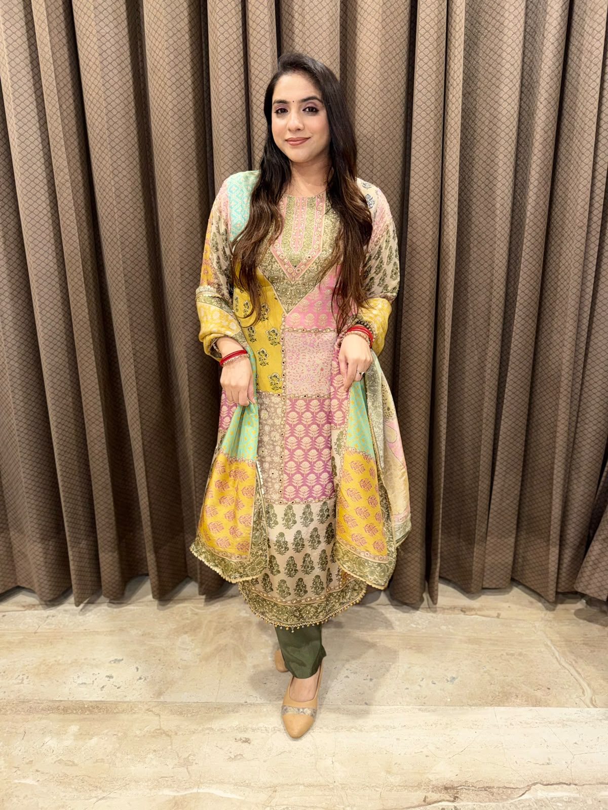 Gorgeous Green multicolour digital suit set with handwork