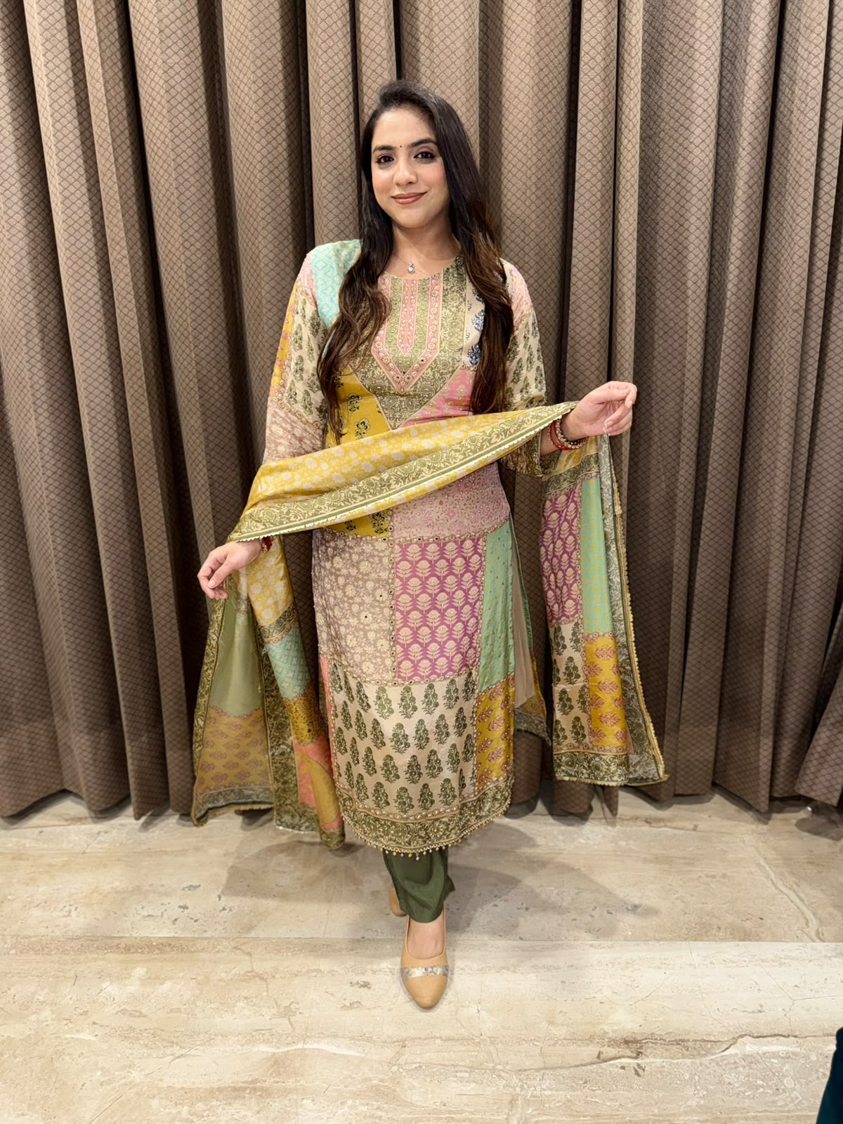 Gorgeous Green multicolour digital suit set with handwork
