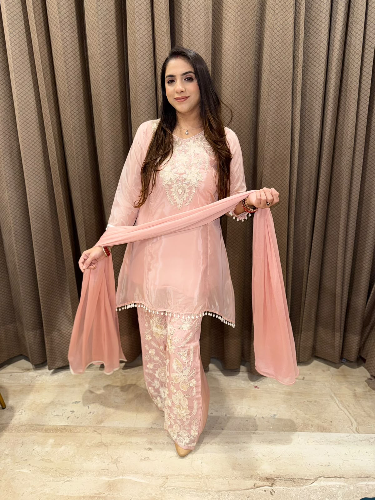 Elegant Rose Gold Co-ord set with dupatta & heavy Palazoo