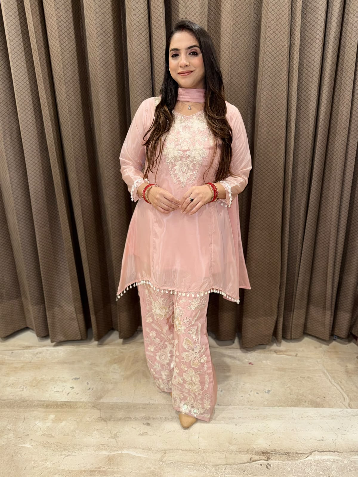 Elegant Rose Gold Co-ord set with dupatta & heavy Palazoo