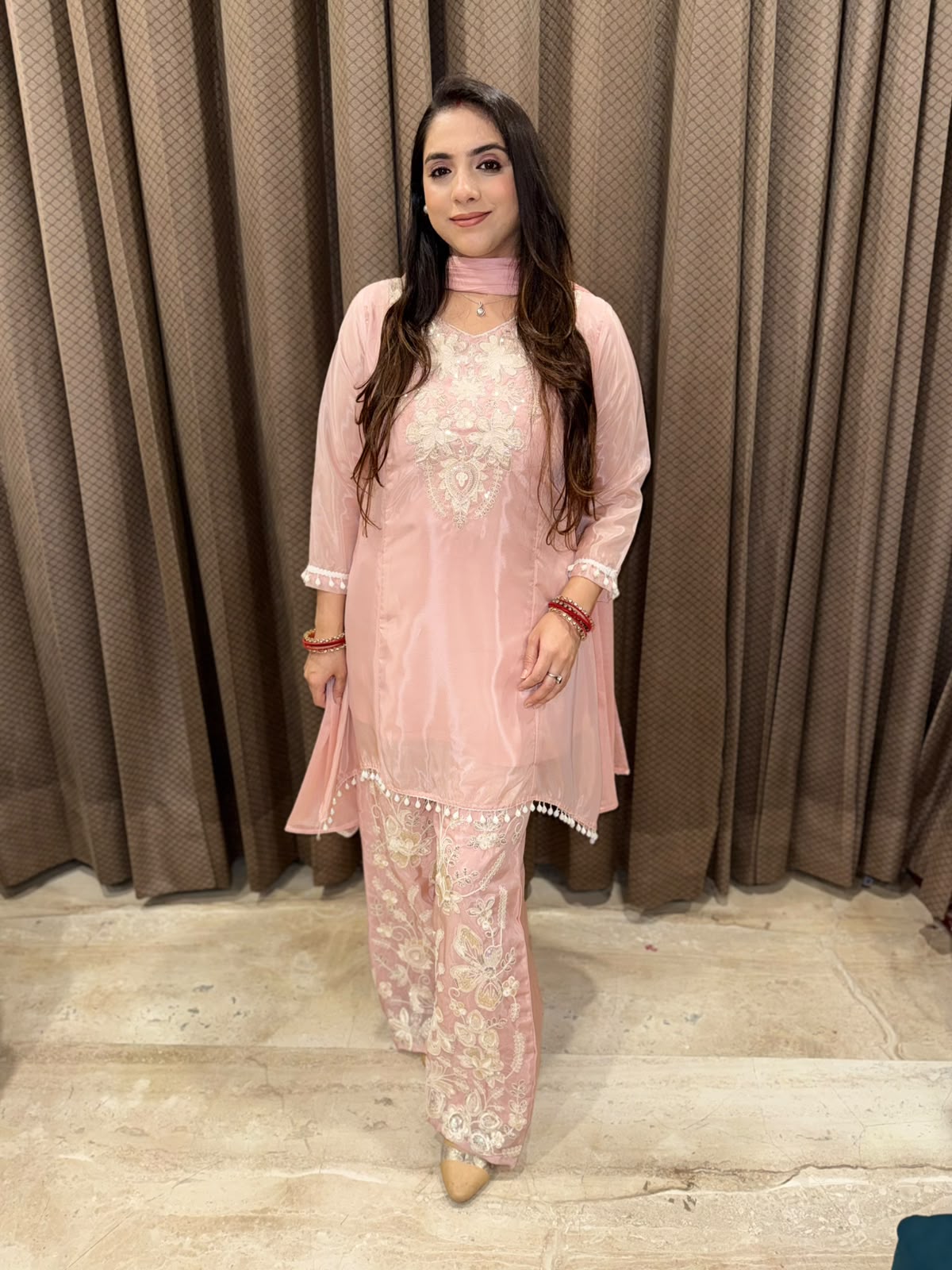 Elegant Rose Gold Co-ord set with dupatta & heavy Palazoo