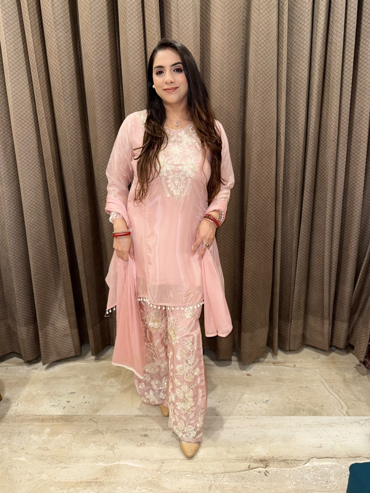Elegant Rose Gold Co-ord set with dupatta & heavy Palazoo