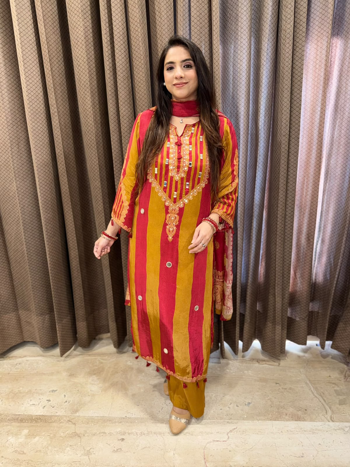 Elegant Mustard Digital print straight suit with dupatta & handwork