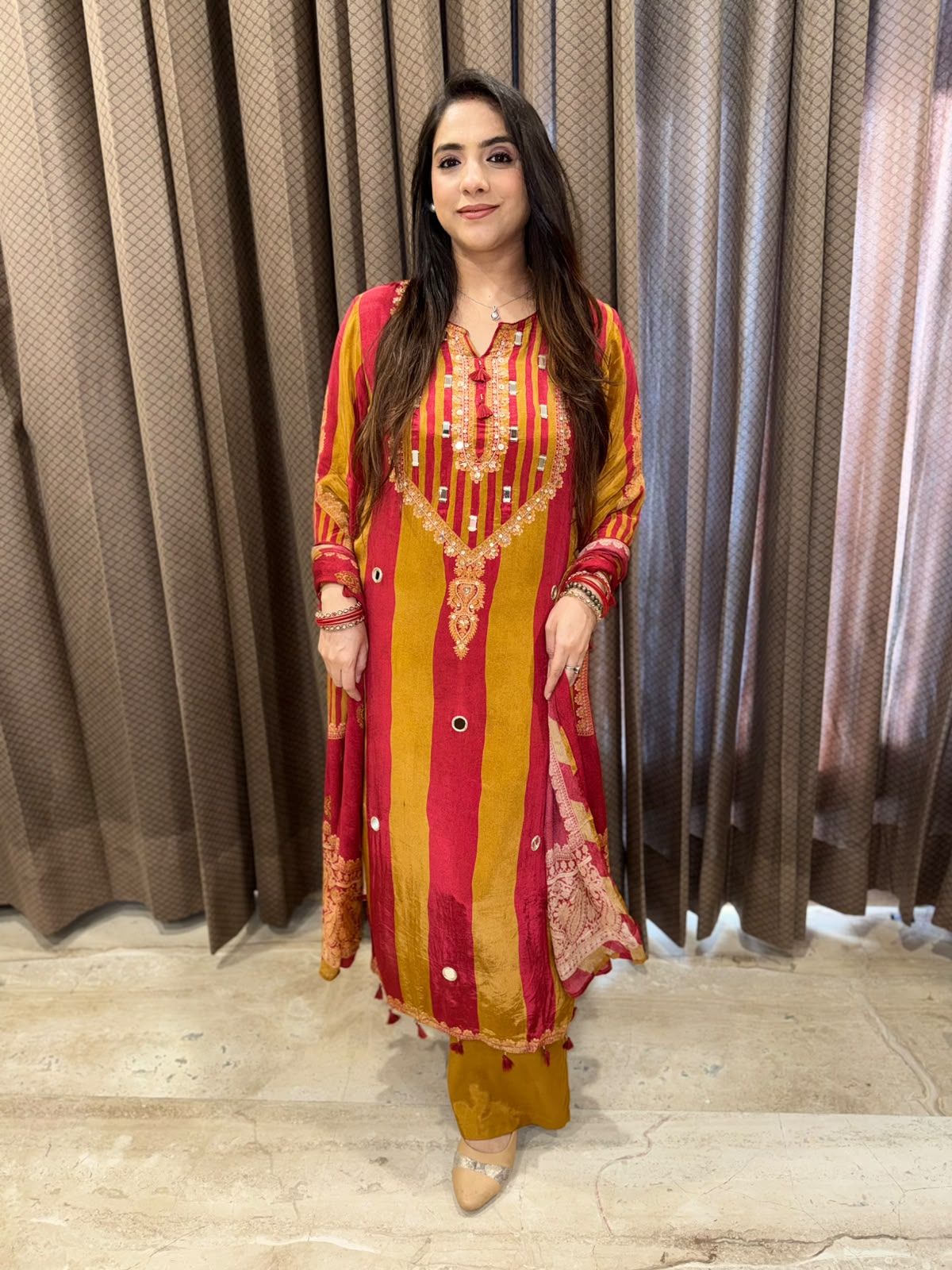 Elegant Mustard Digital print straight suit with dupatta & handwork