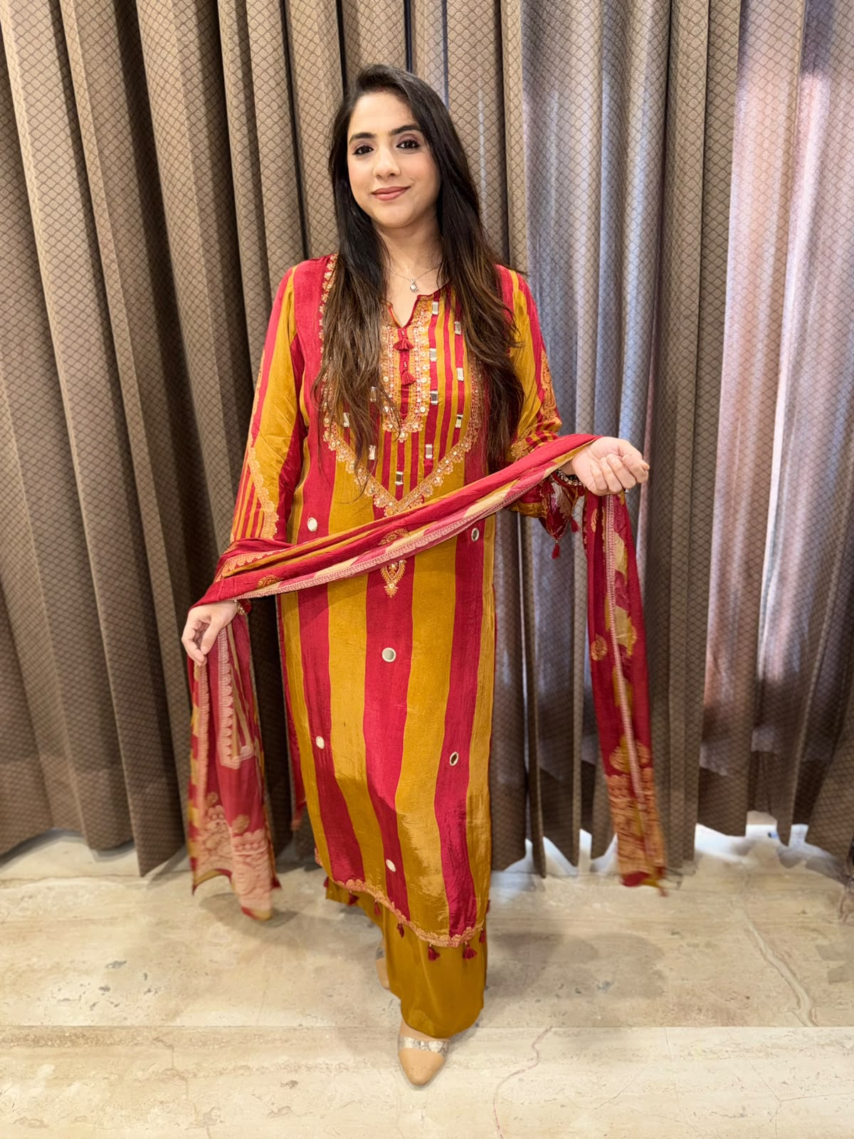 Elegant Mustard Digital print straight suit with dupatta & handwork