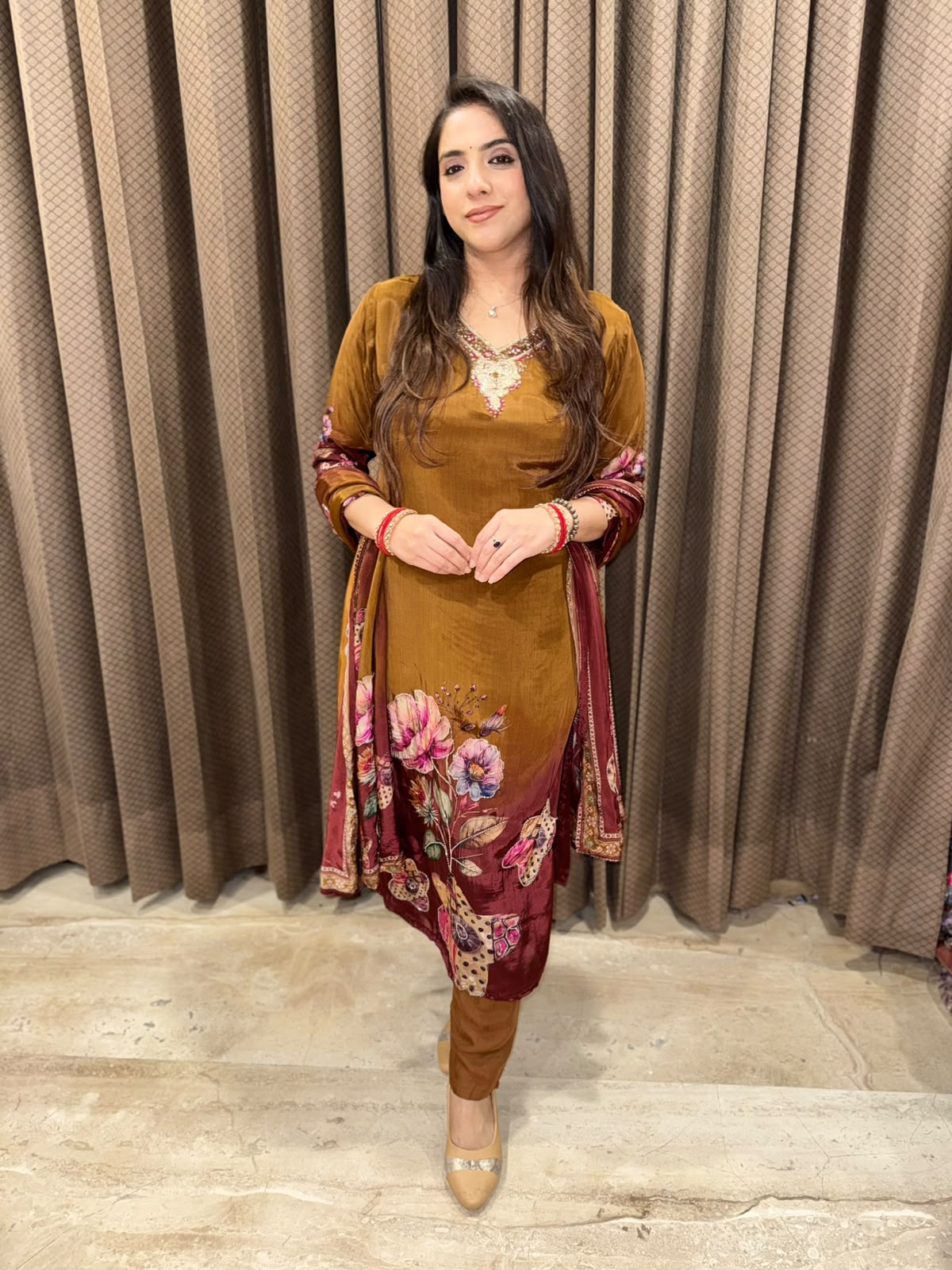 Elegant brown ombre Digital straight suit with dupatta & handwork