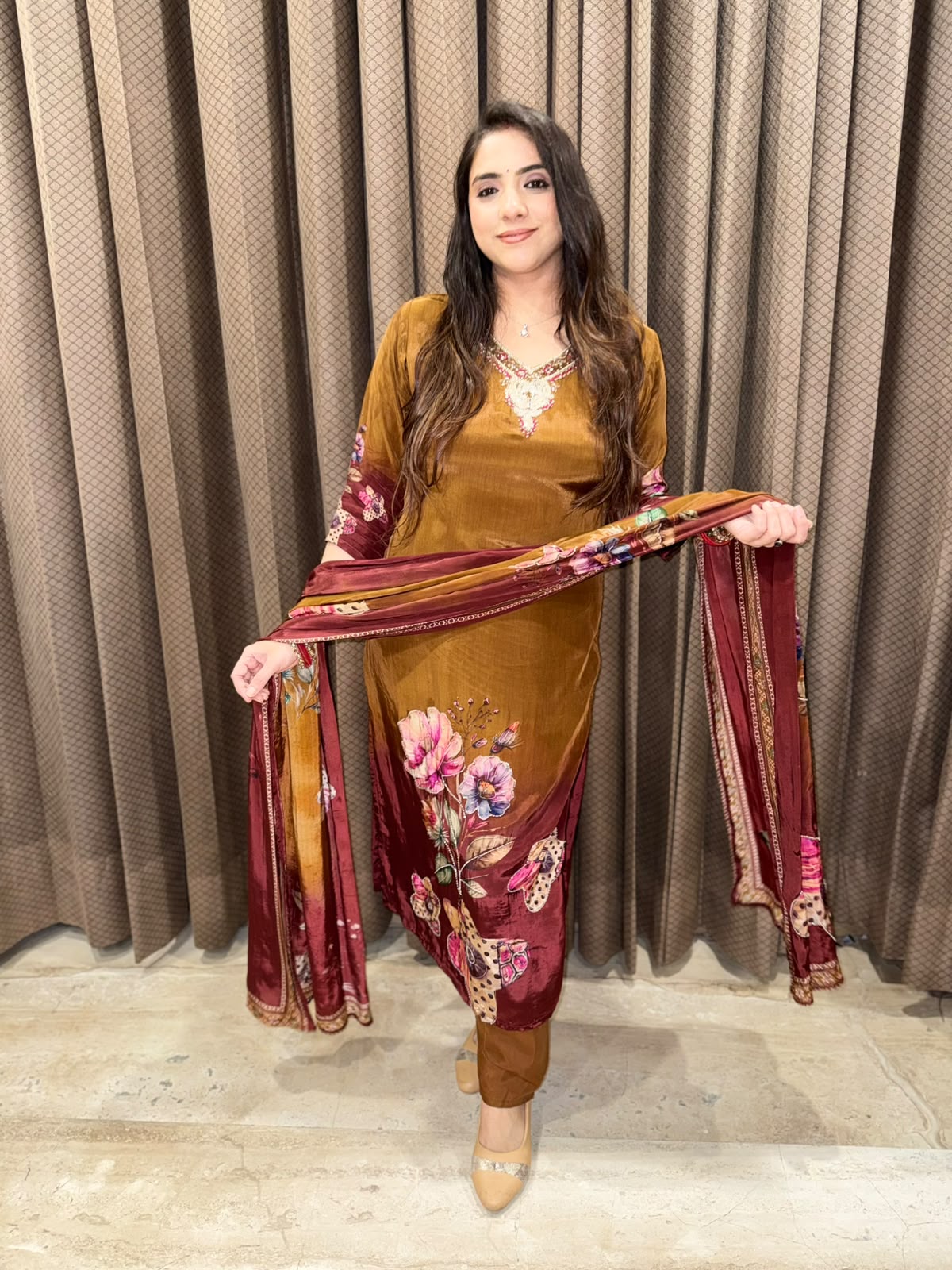 Elegant brown ombre Digital straight suit with dupatta & handwork