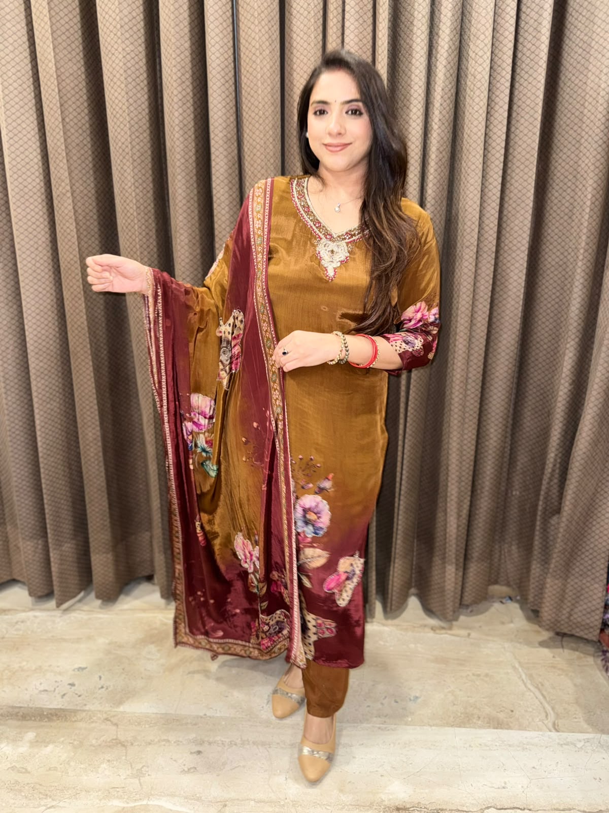 Elegant brown ombre Digital straight suit with dupatta & handwork