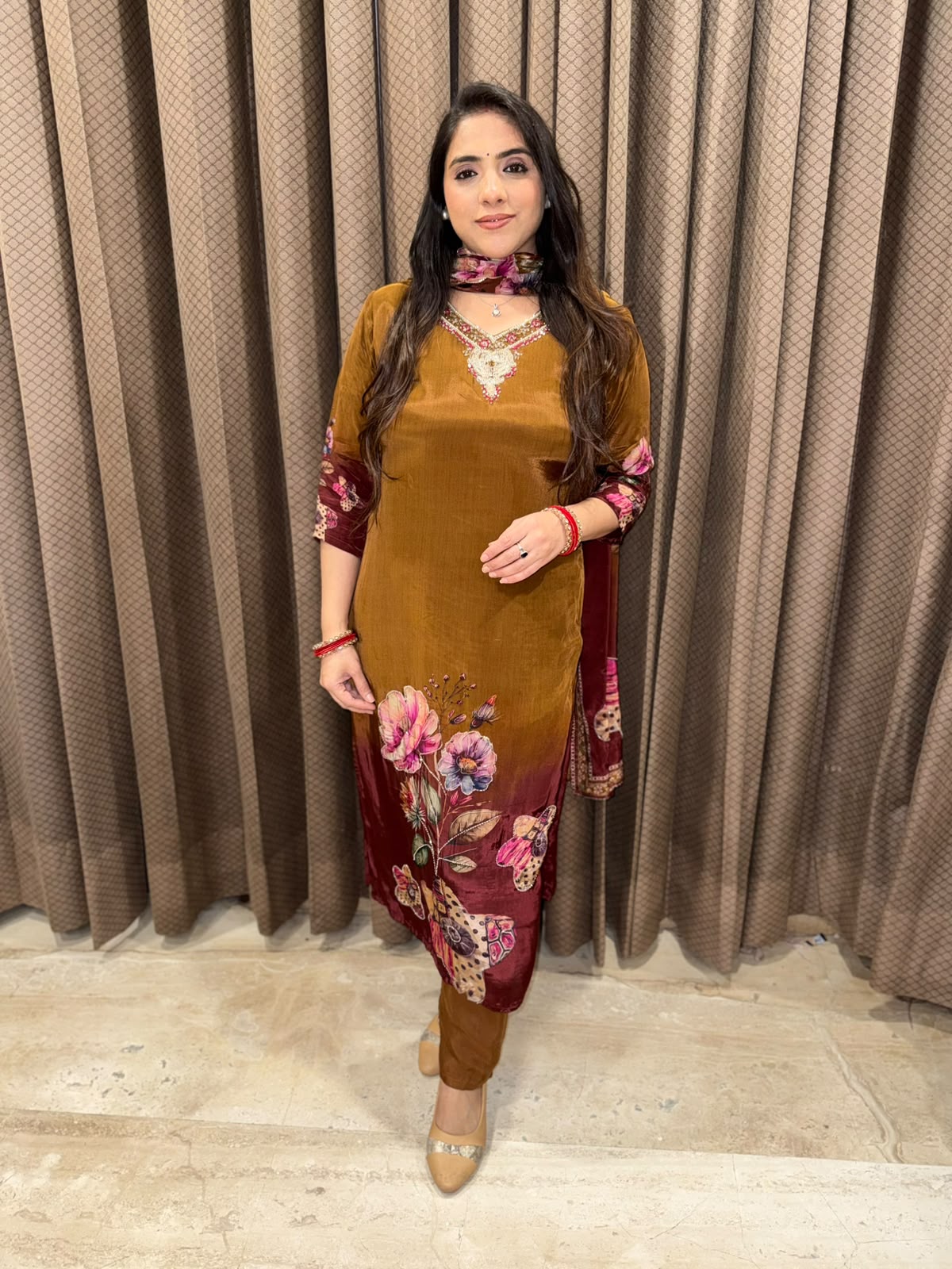 Elegant brown ombre Digital straight suit with dupatta & handwork