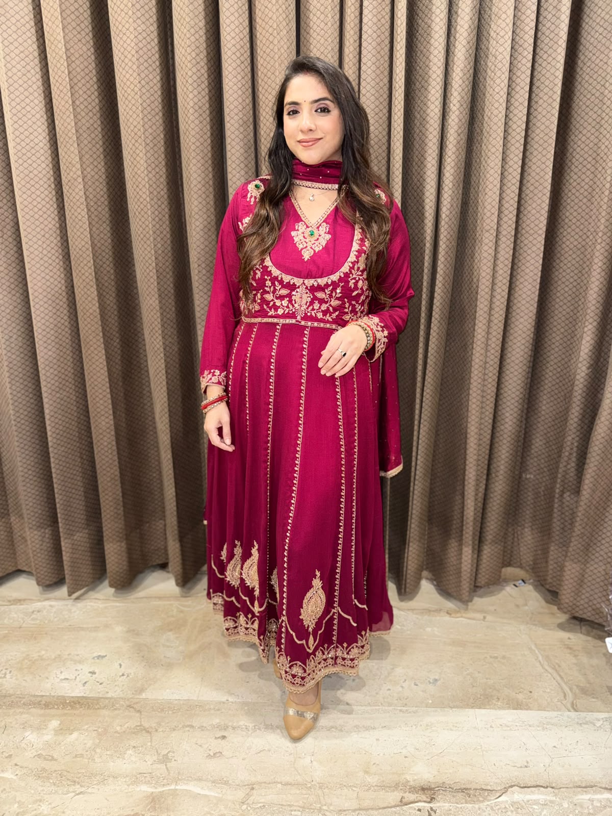 Wine Designer Anarkali with handwork & emerald stone work