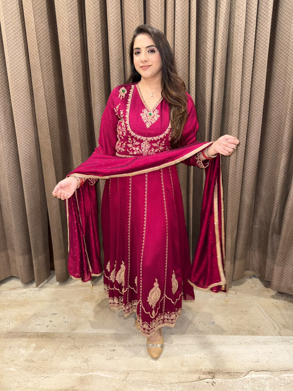Wine Designer Anarkali with handwork & emerald stone work