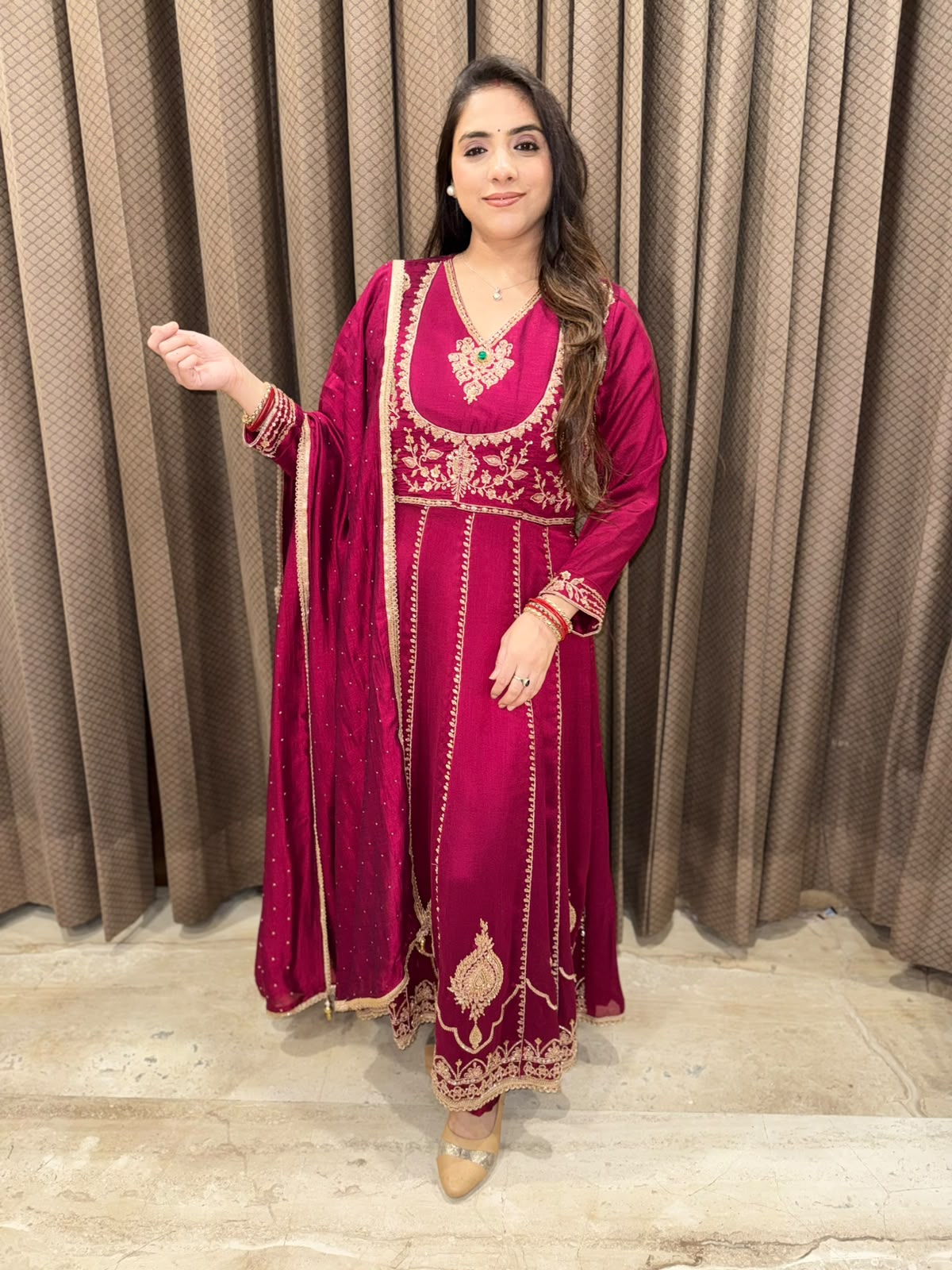 Wine Designer Anarkali with handwork & emerald stone work