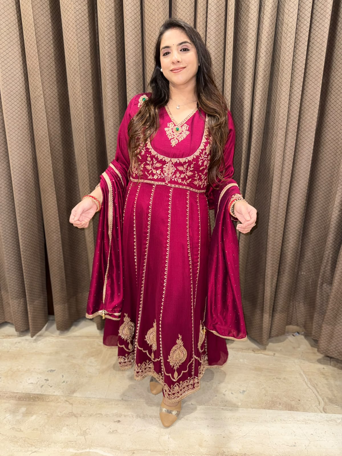 Wine Designer Anarkali with handwork & emerald stone work