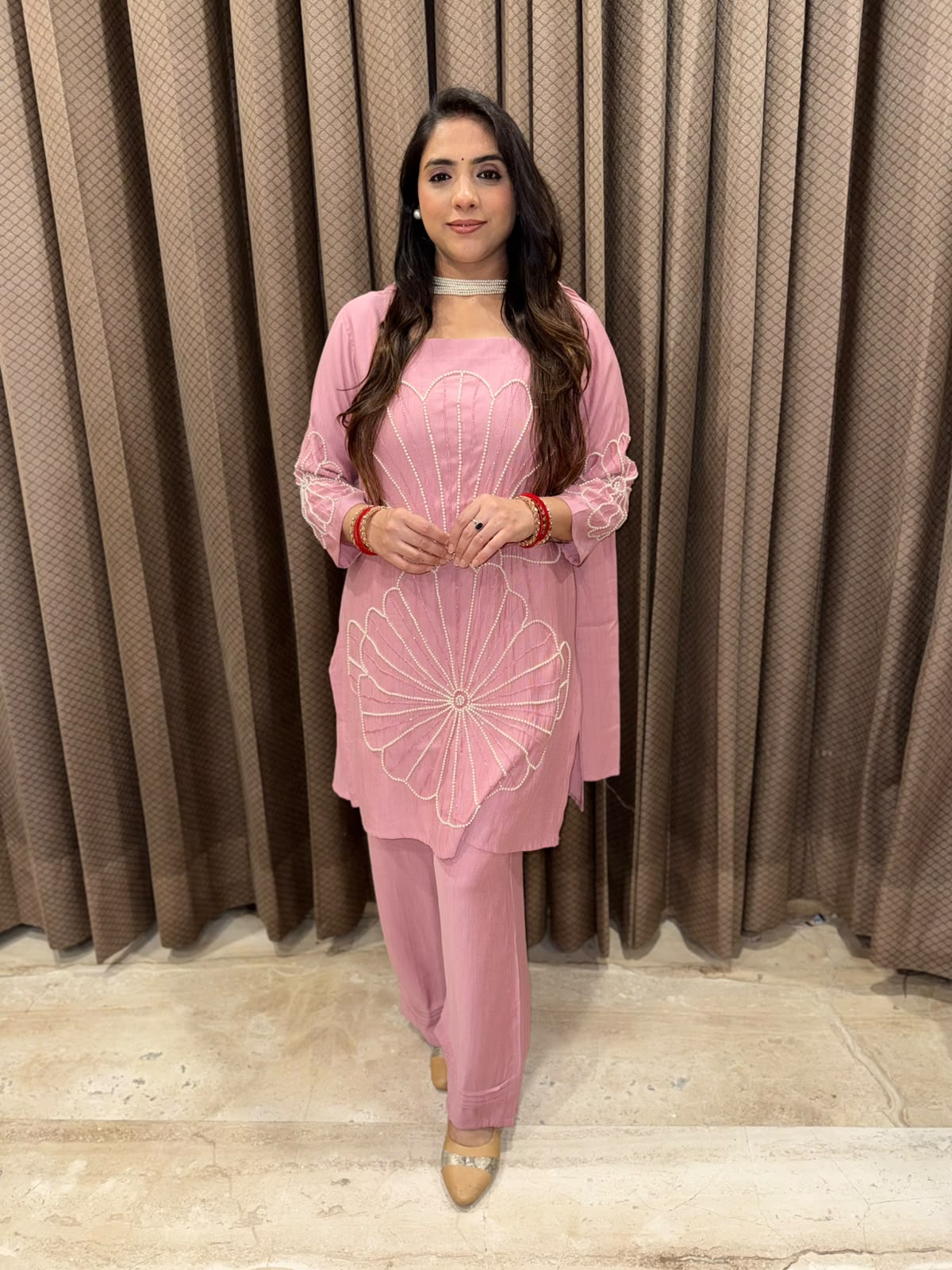 Pink stylish Co-ord with dupatta with pearl handwork