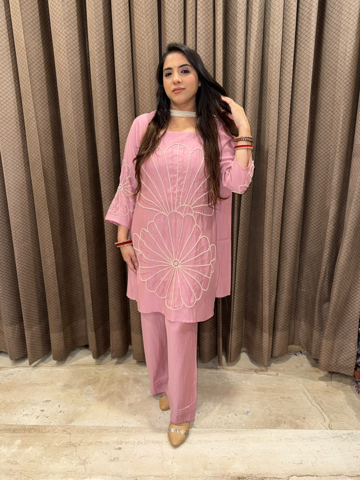 Pink stylish Co-ord with dupatta with pearl handwork