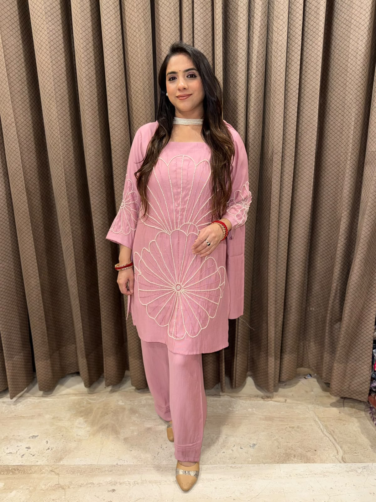 Pink stylish Co-ord with dupatta with pearl handwork