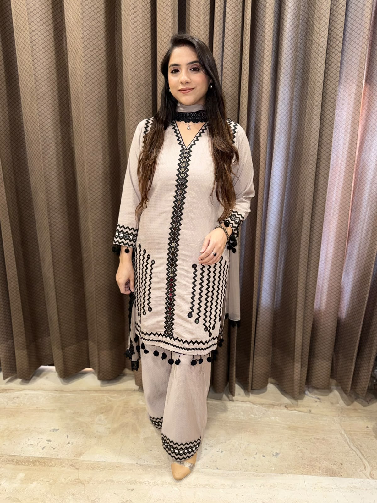 Designer Grey Plazoo set with Pompom Detailing