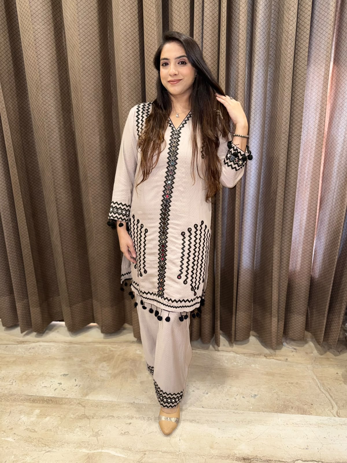 Designer Grey Plazoo set with Pompom Detailing
