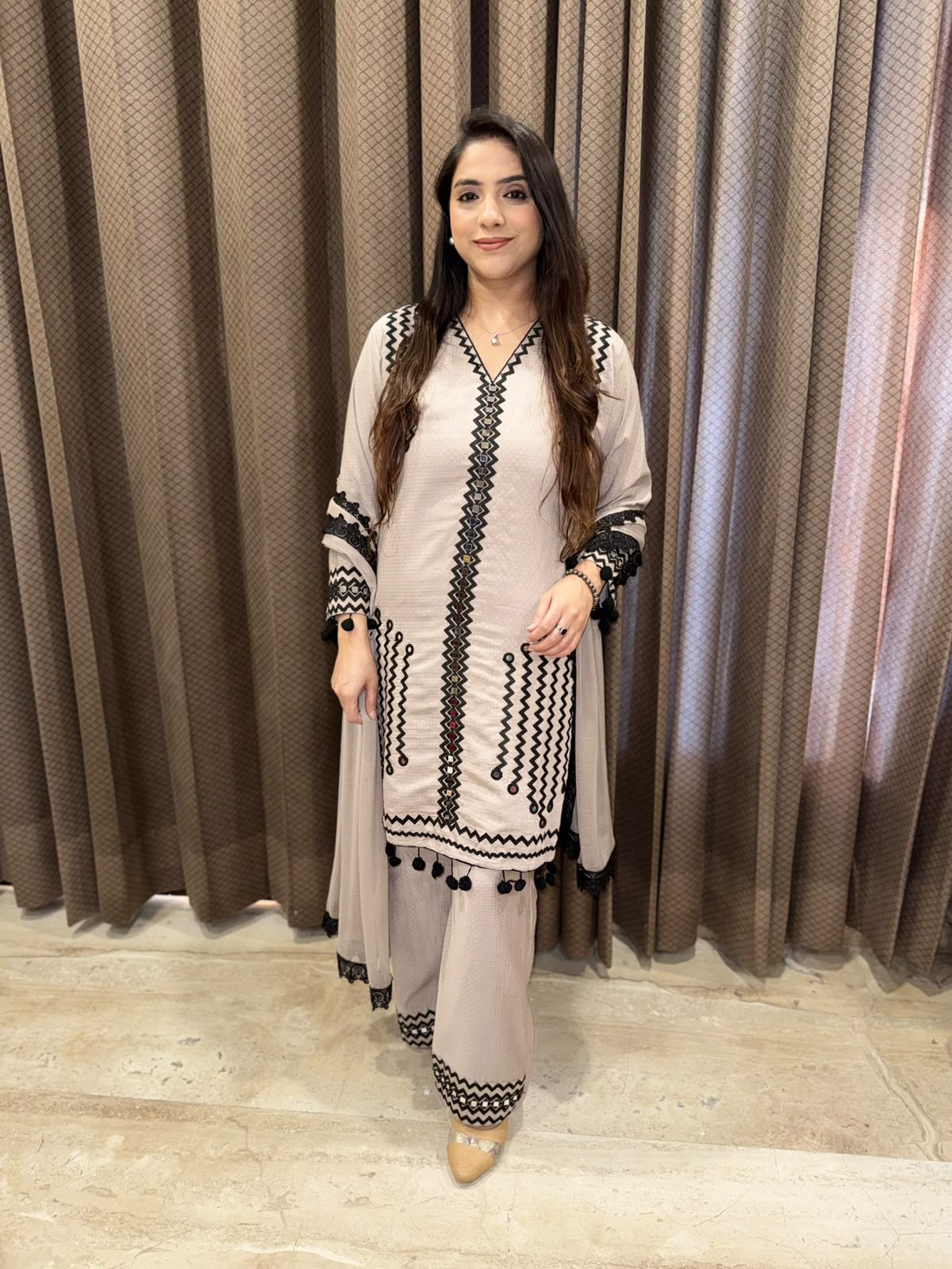 Designer Grey Plazoo set with Pompom Detailing