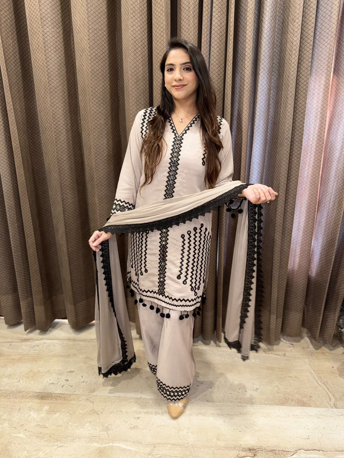 Designer Grey Plazoo set with Pompom Detailing