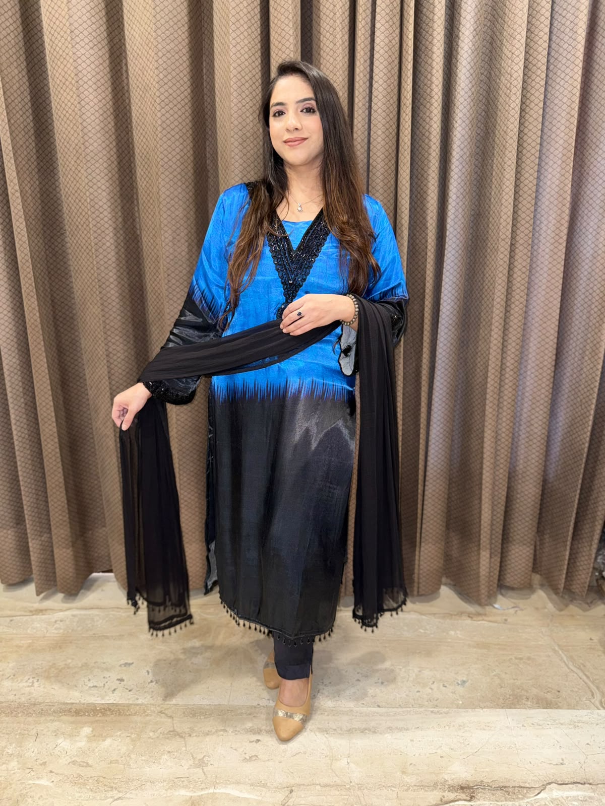 Designer Blue and black Ombre Kurta set with Cutdana Handwork