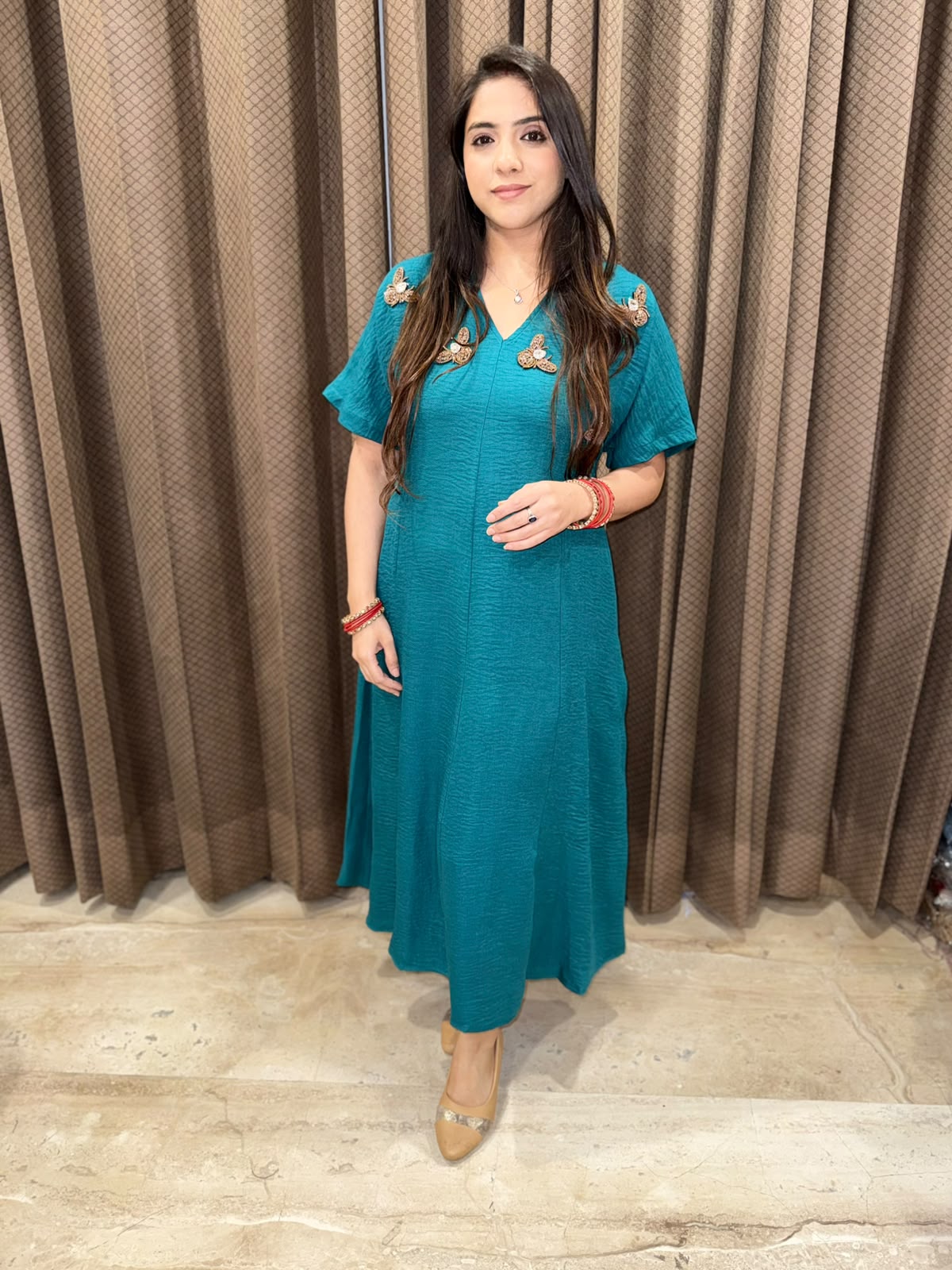 Smart Rama Green dress with golden honeybees & pockets