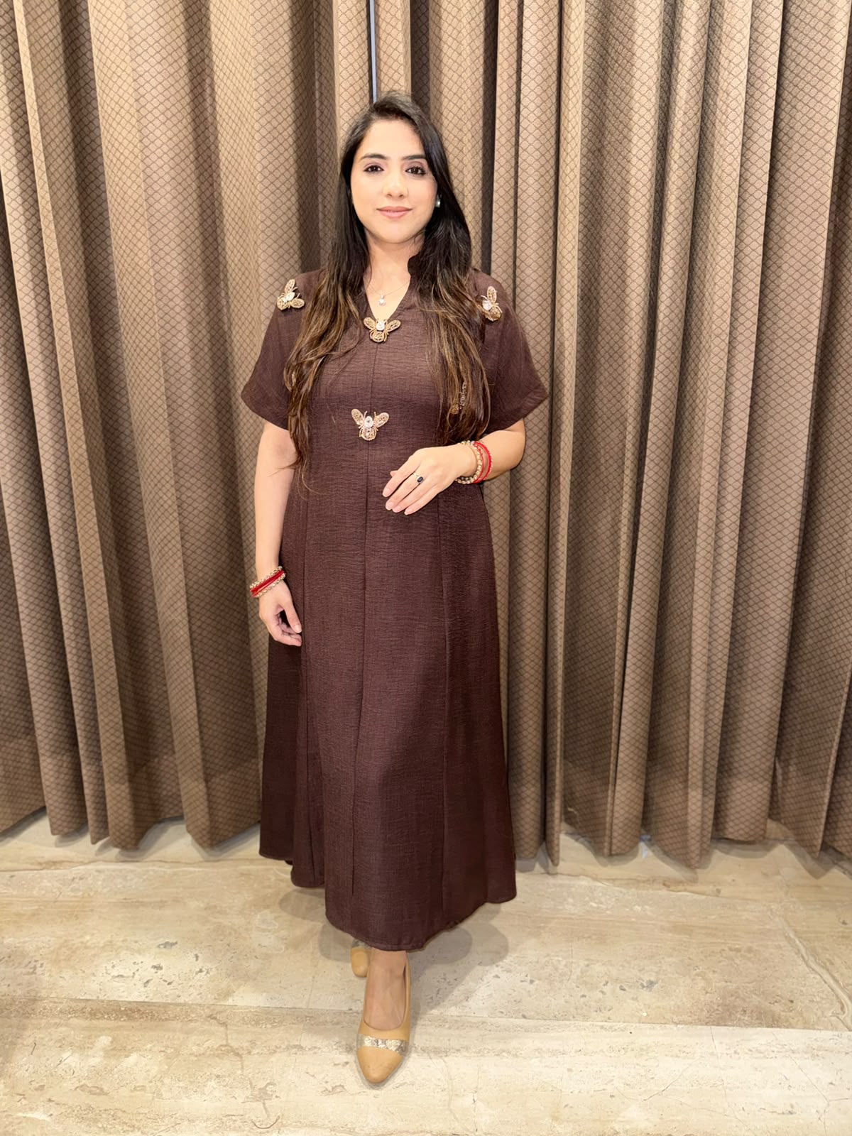 Smart Brown dress with golden honeybees & pockets