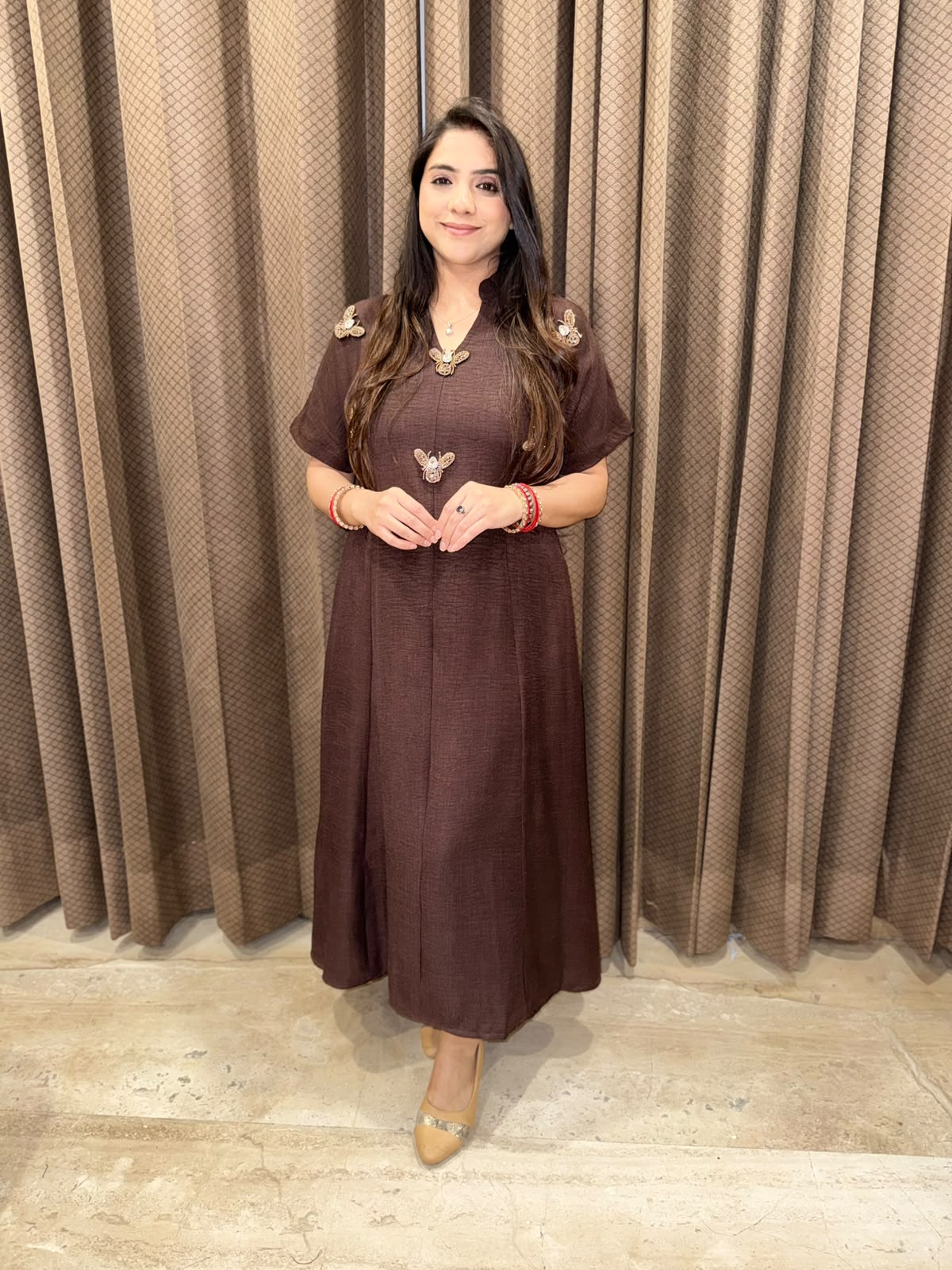 Smart Brown dress with golden honeybees & pockets