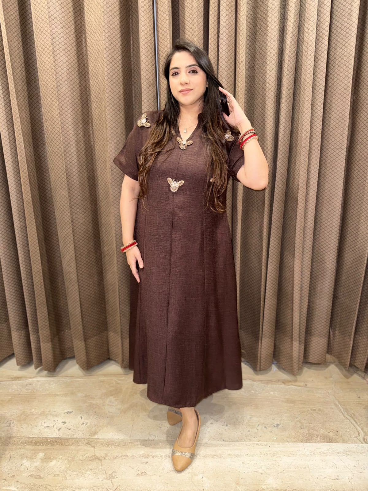 Smart Brown dress with golden honeybees & pockets