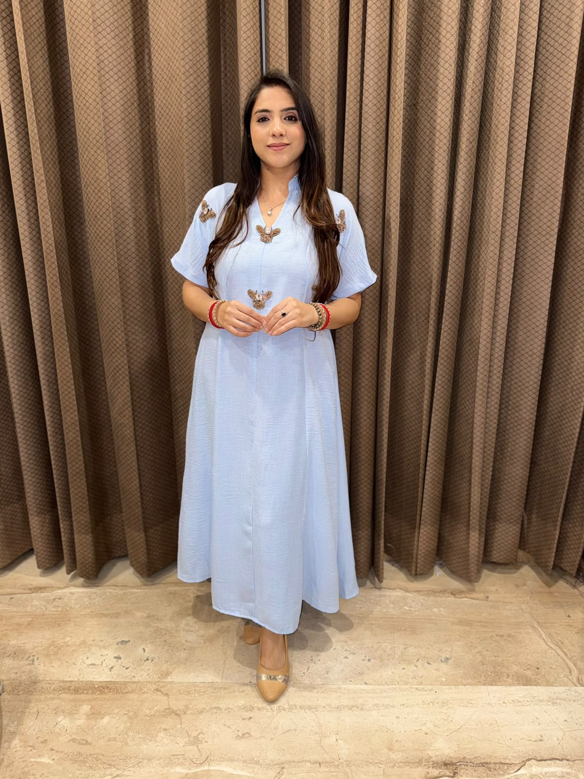 Smart Blue dress with golden honeybees & pockets