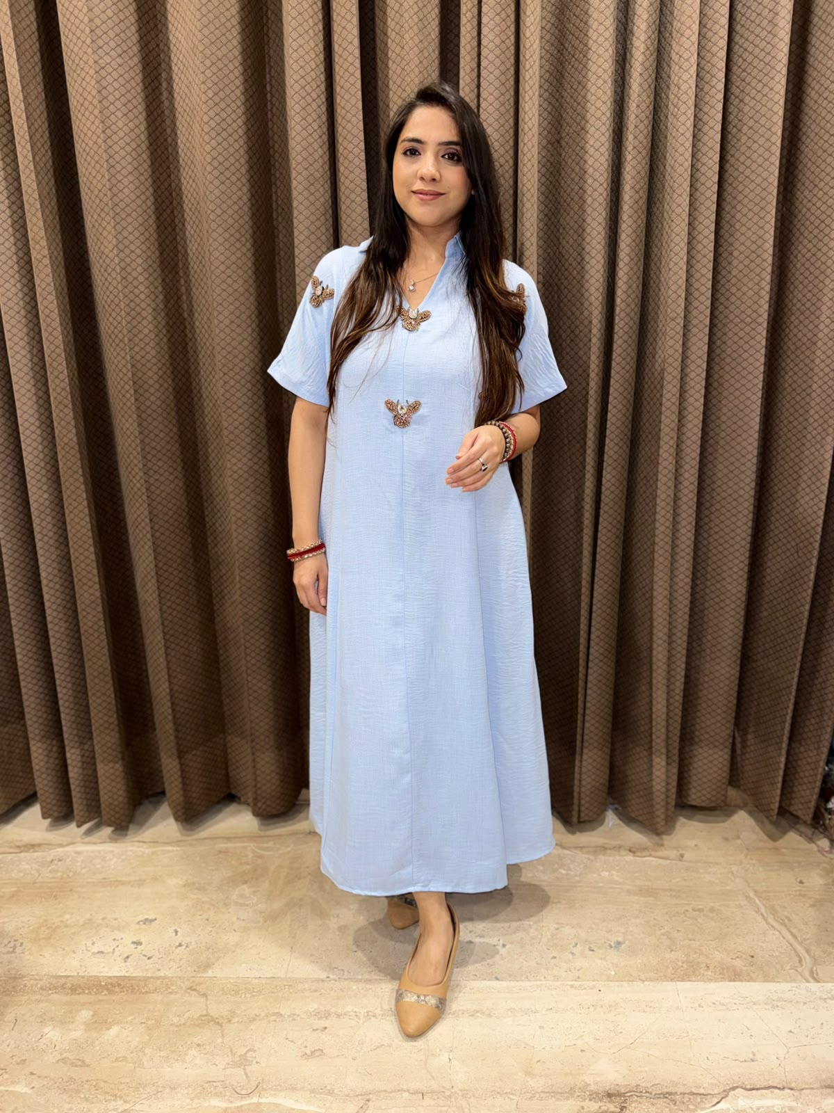 Smart Blue dress with golden honeybees & pockets