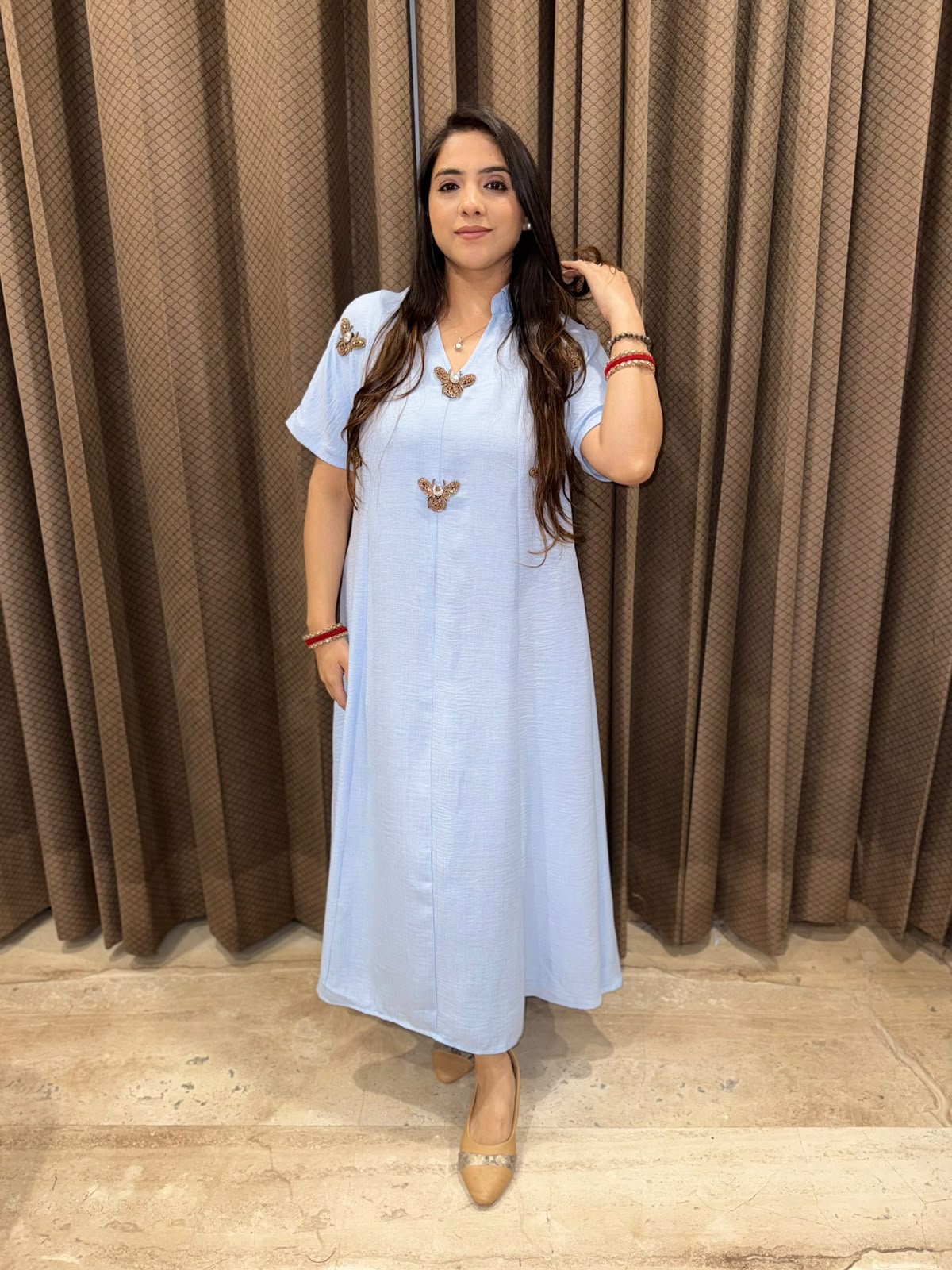 Smart Blue dress with golden honeybees & pockets