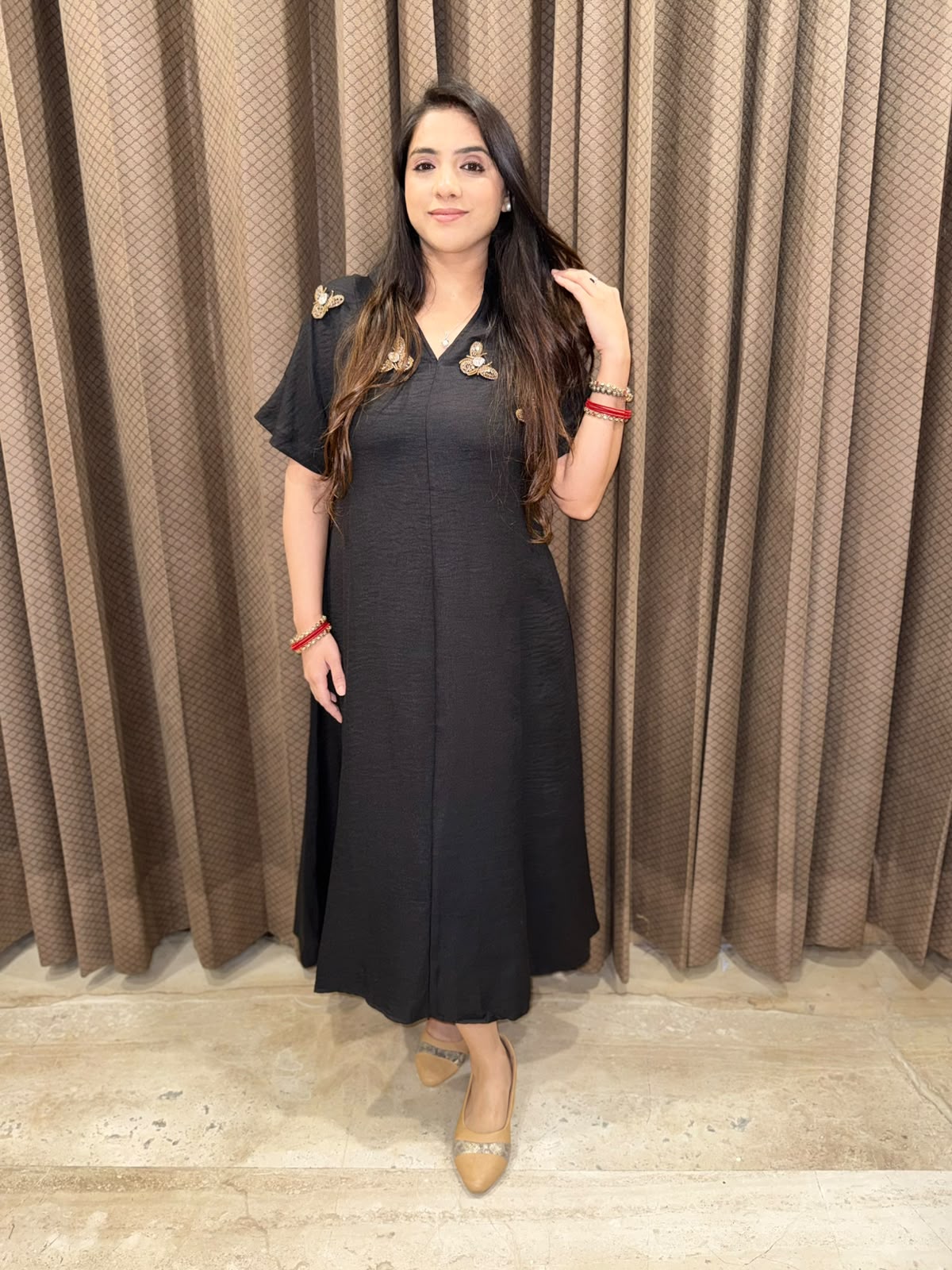 Smart Black dress with golden honeybees & pockets