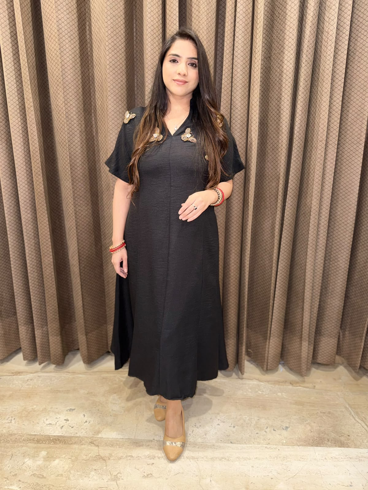 Smart Black dress with golden honeybees & pockets