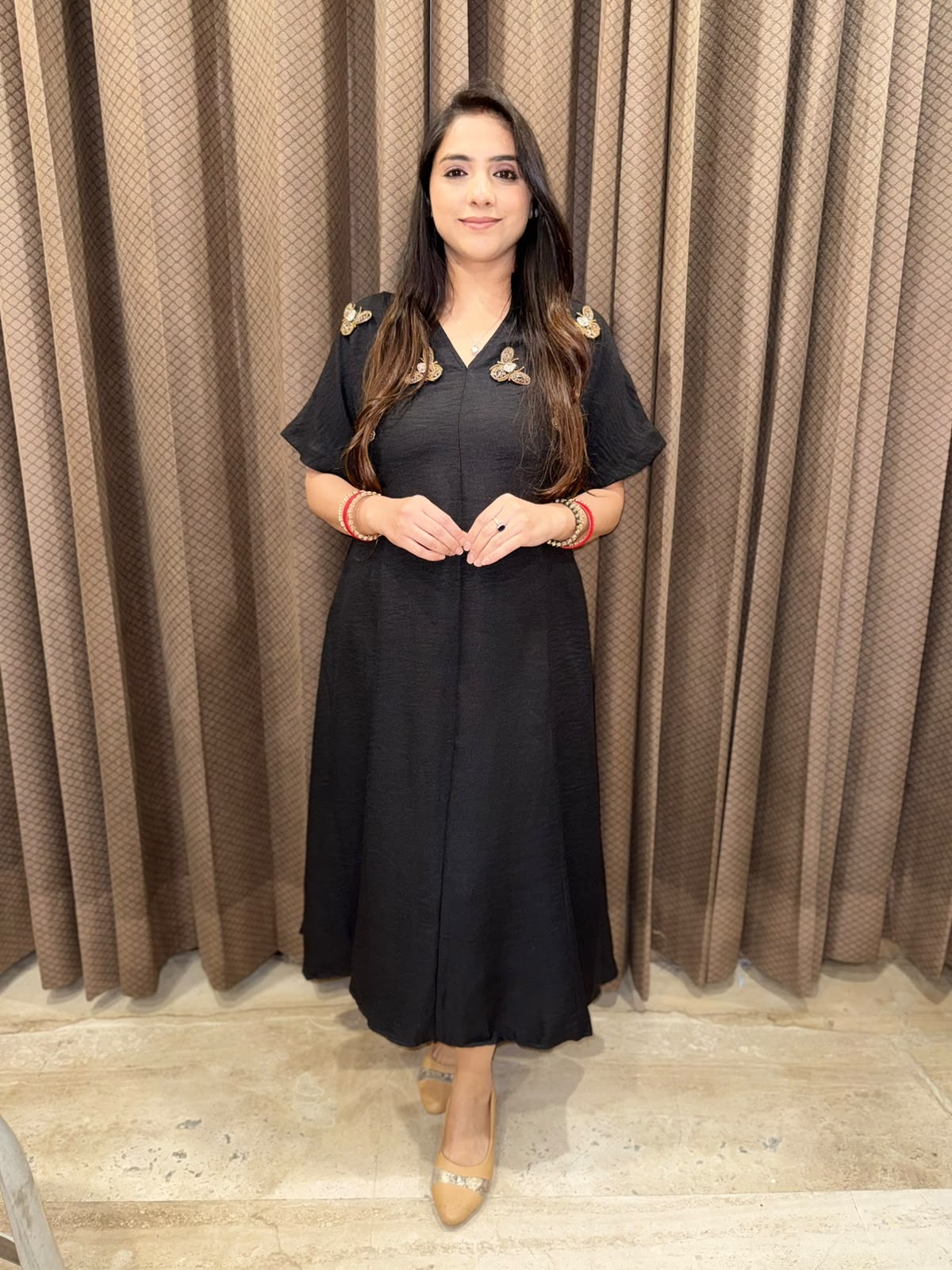 Smart Black dress with golden honeybees & pockets