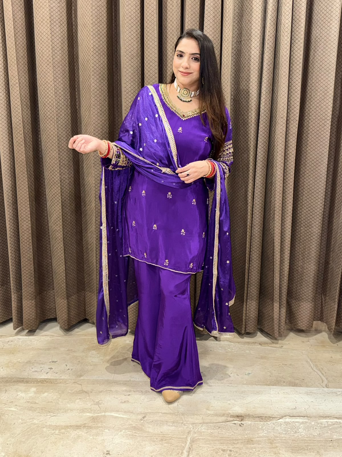 Designer Purple Plazoo set with dupatta and kundan handwork