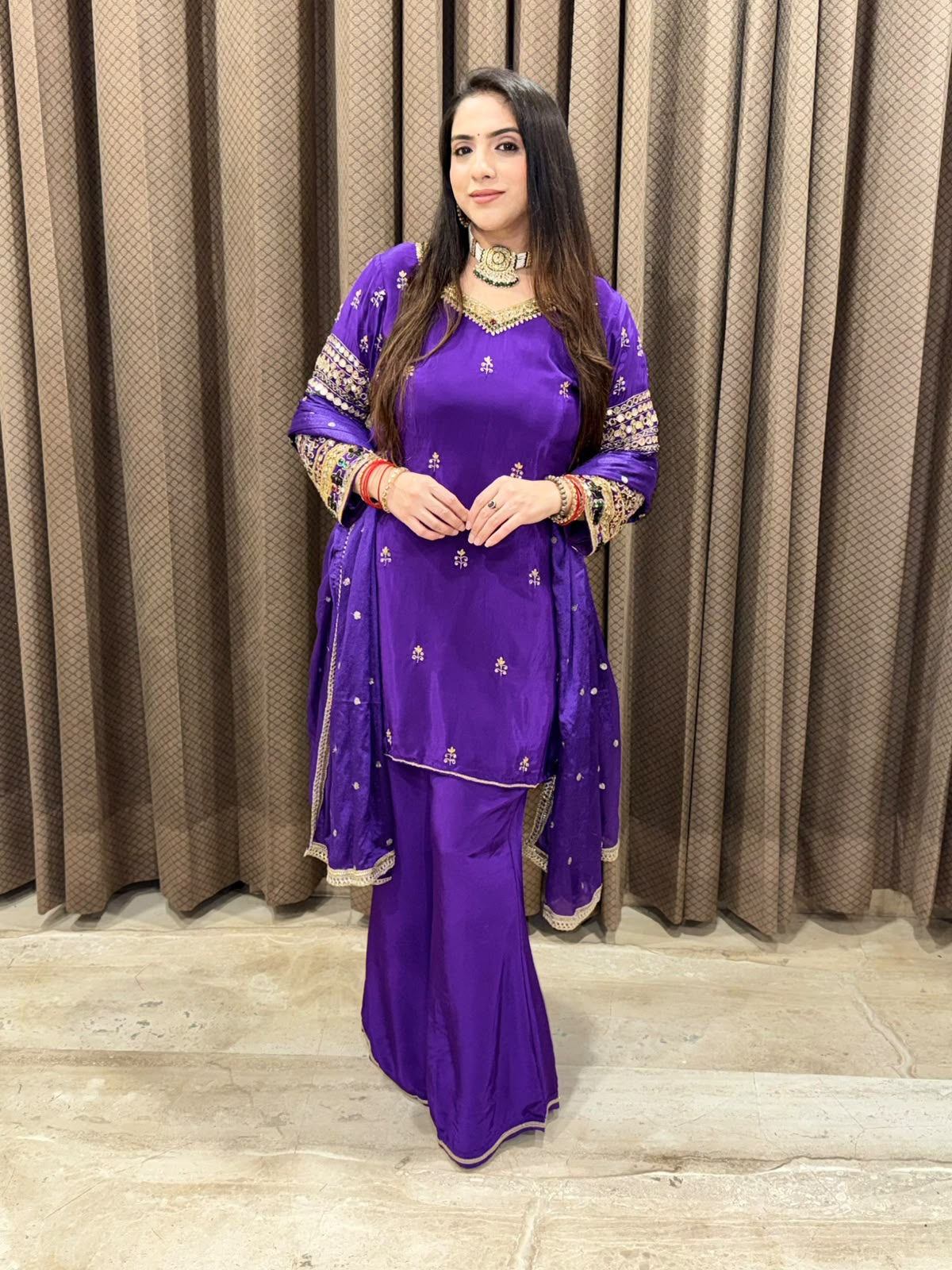Designer Purple Plazoo set with dupatta and kundan handwork