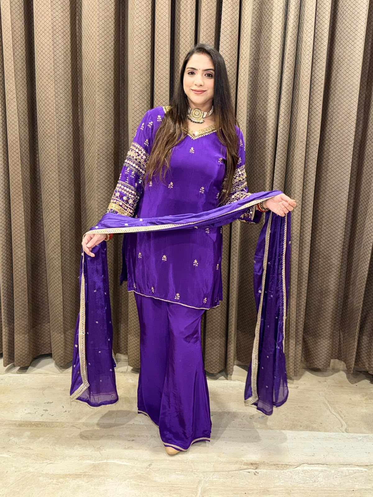 Designer Purple Plazoo set with dupatta and kundan handwork