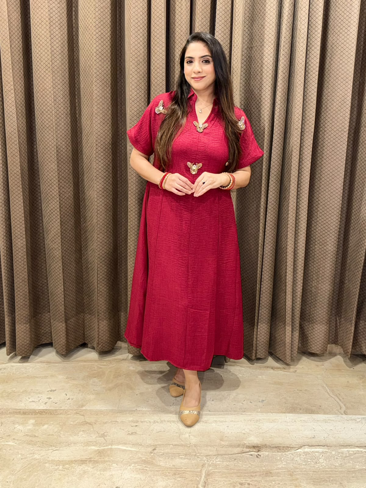 Smart Maroon dress with golden honeybees & pockets