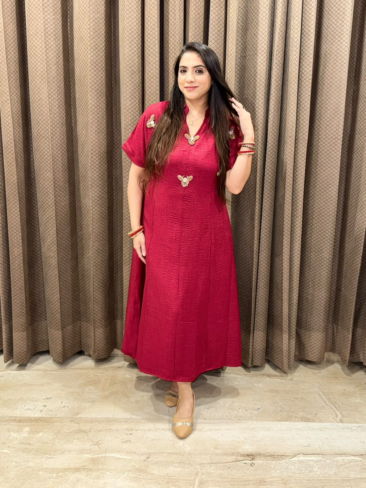 Smart Maroon dress with golden honeybees & pockets