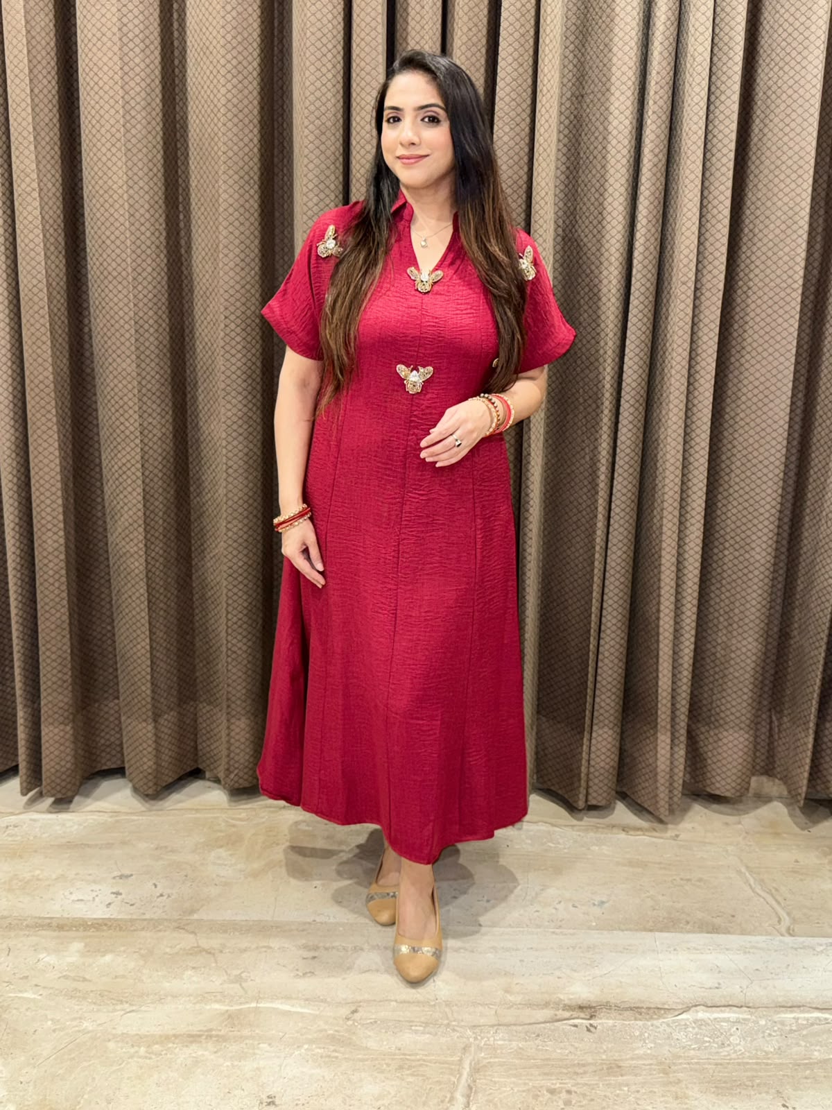 Smart Maroon dress with golden honeybees & pockets