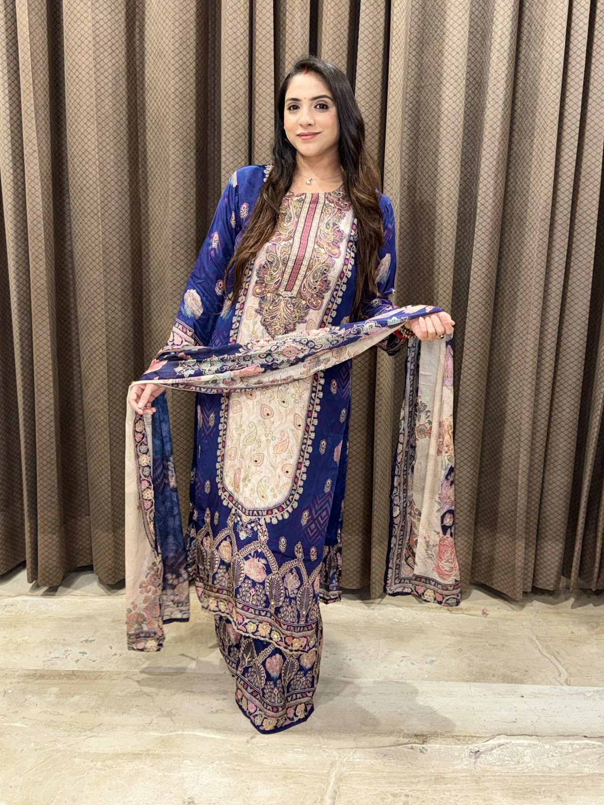Elegant Purple Digital Long suit with dupatta and mirrorwork