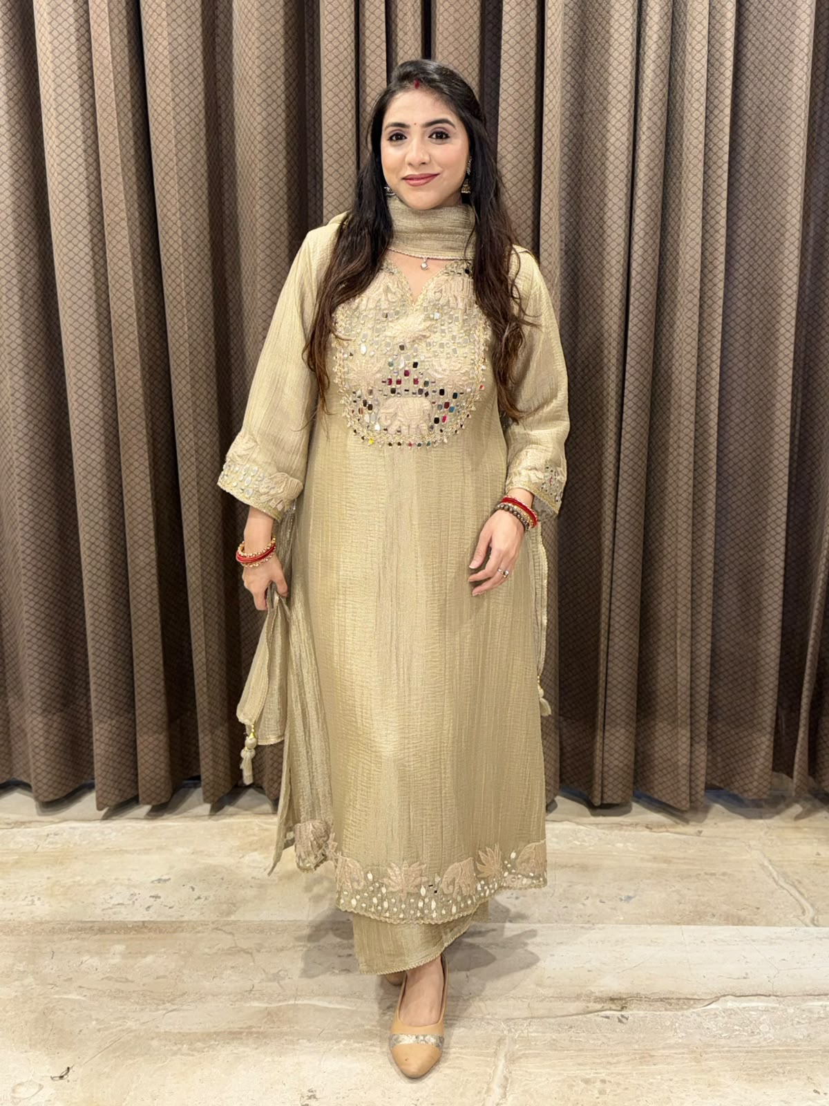 Elegant Golden A line Straight suit with dupatta and Handwork