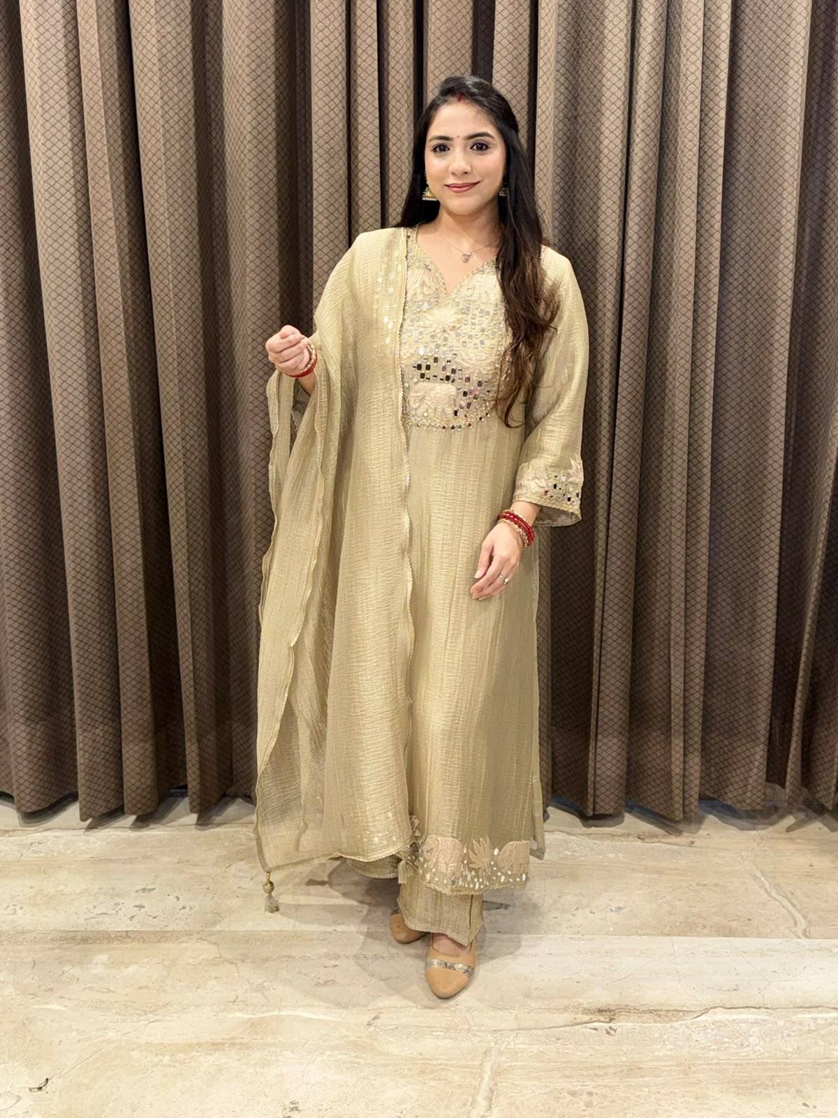 Elegant Golden A line Straight suit with dupatta and Handwork