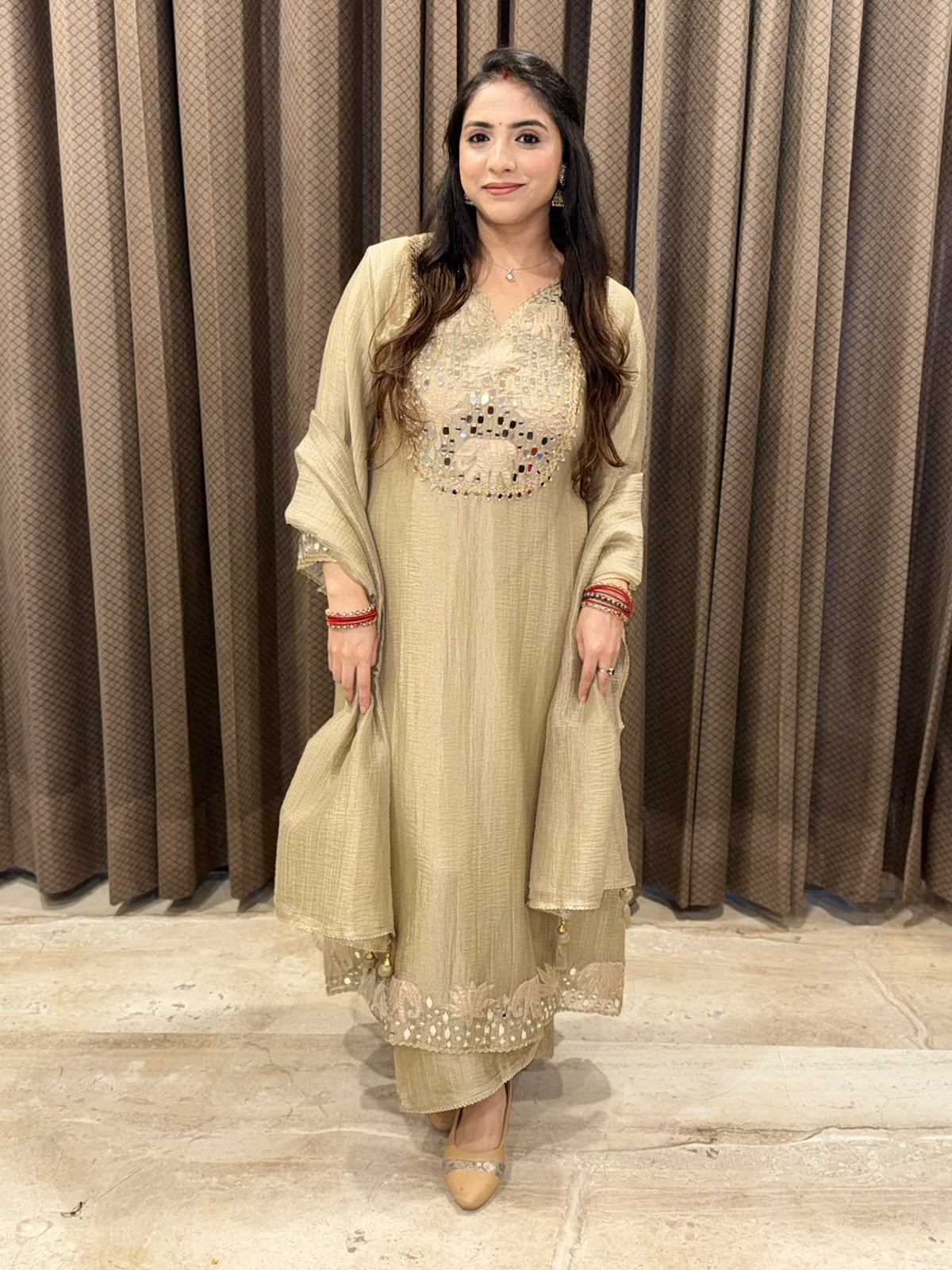 Elegant Golden A line Straight suit with dupatta and Handwork