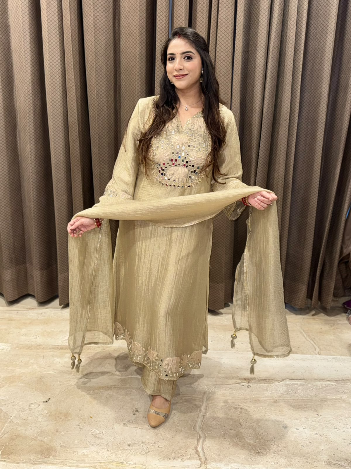 Elegant Golden A line Straight suit with dupatta and Handwork